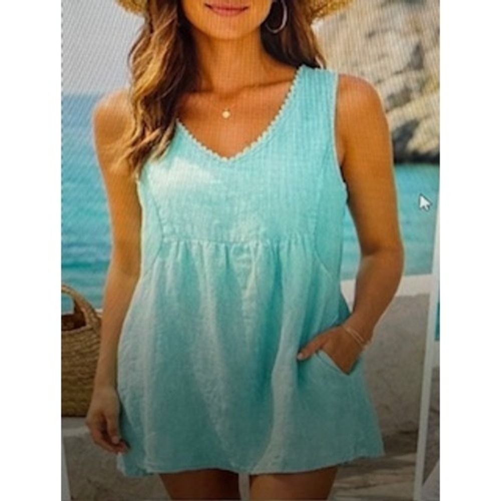 Terzo Millennio Aqua Blue Lace Trim V-Neck Sleeveless Linen Dress L